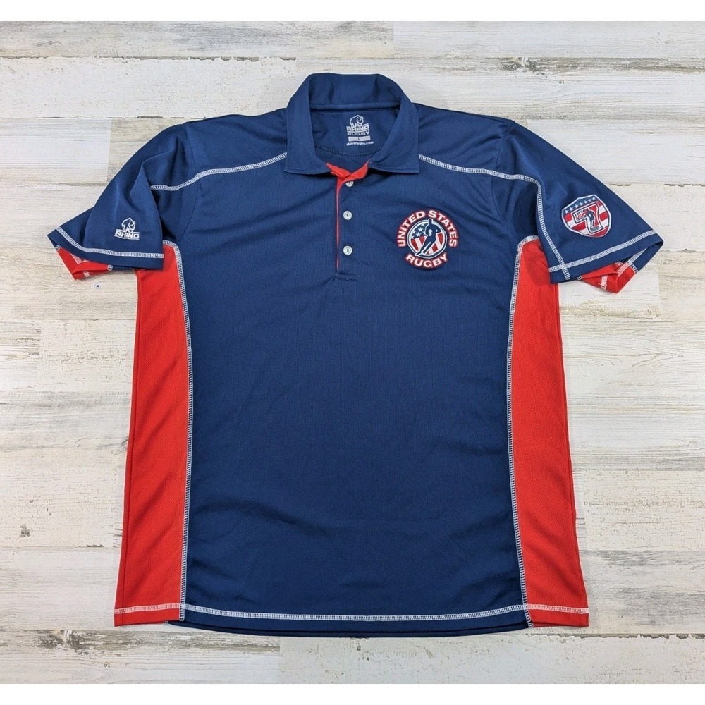 Rhino Polo Shirt Mens Large United States Rugby Embroidered Blue Red L